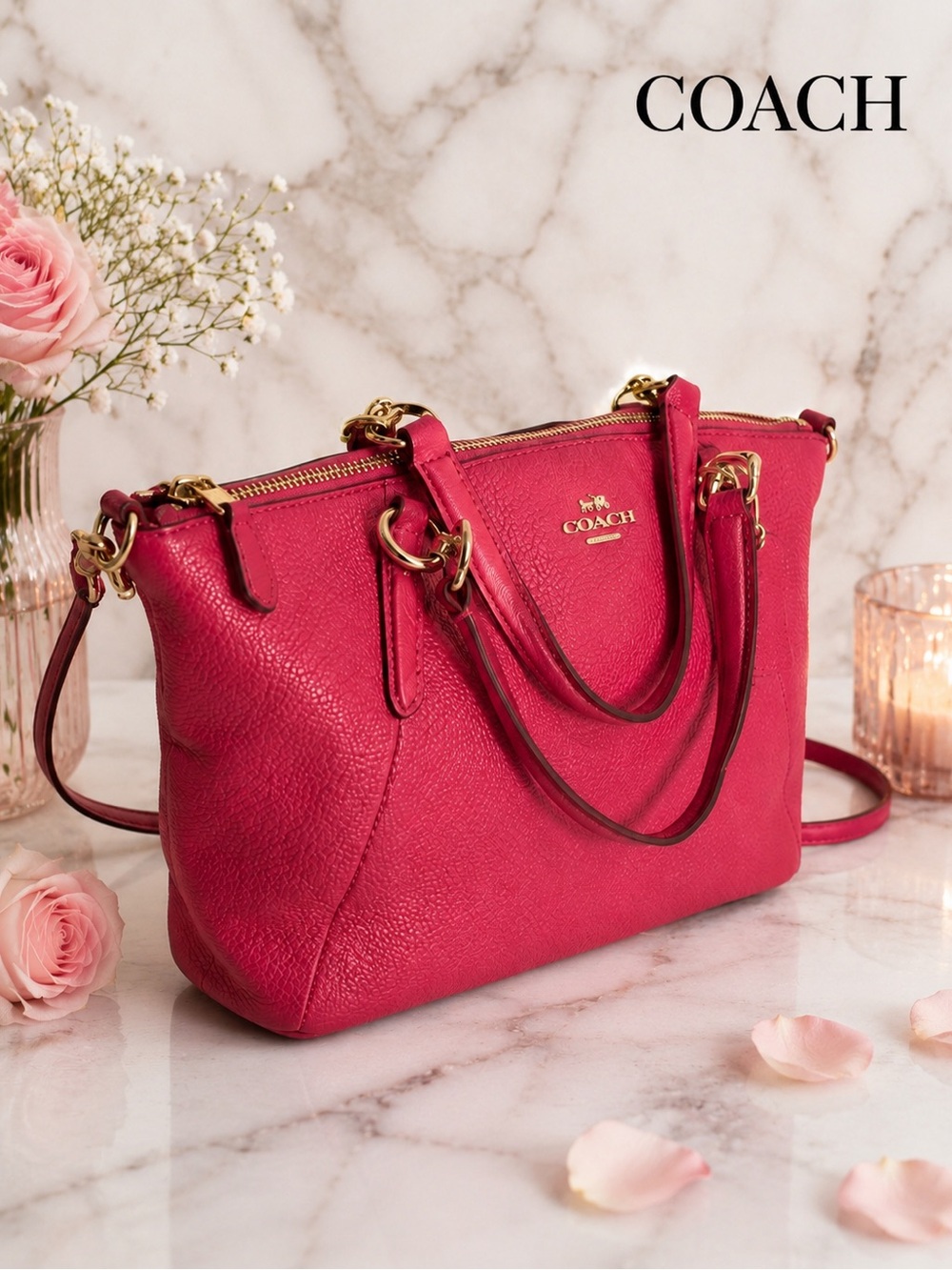 Coach Pebbled Leather Pink / Fuchsia Zip Crossbody Bag Handbag Purse